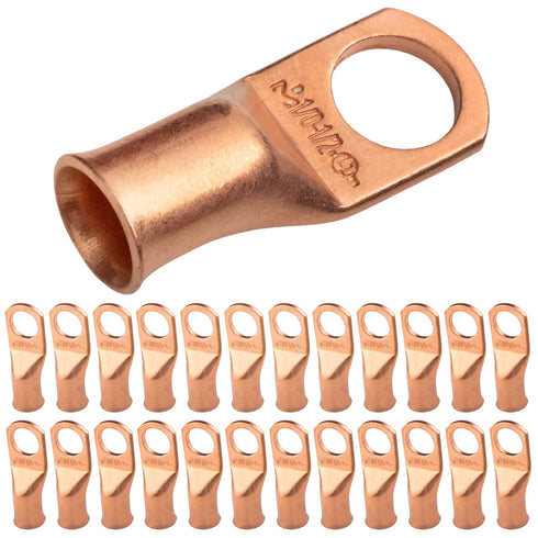 SELTERM 25pcs 1/0 AWG 1/2" Stud Battery Lugs, Heavy Duty Copper Wire Ring Terminals, UL Bare Copper Connectors
