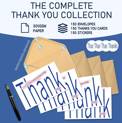 Frelimiu 150 Pack 4x6in Thank You Cards with Envelopes & Stickers Gold Foil Blank Greeting Note Cards Personalizable