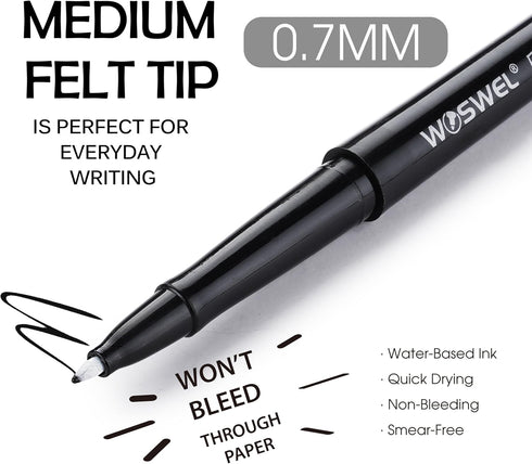 Black Felt Tip Pens, 32 Black Pens, 0.7mm Medium Point Felt Pens, Felt Tip Markers Pens for Journaling, Note Taking, Planner, Writing,Drawing.Perfect for Art Office and School Supplies by WOSWEL