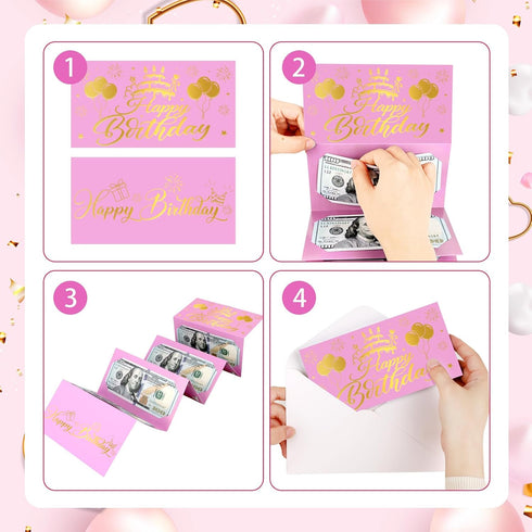 Birthday Money Envelope for Cash Gifts, Surprise Cash Gift Card Money Holder for Women Man, Pink Birthday Card Envelope
