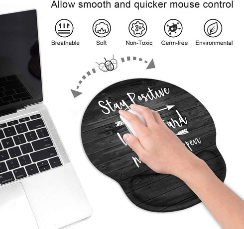 Ergonomic Wrist Mouse Pad with Cup Coaster, Inspirational Quote Art on Rustic Wood, Non-Slip PU Base for Home Office