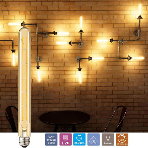 Leools T300 Led Long Bulbs,12W Dimmable Tubular Bulb,100 Watt Equivalent,E26 Edison Style Vintage LED Filament Light Bulb,Amber Glass,2700K Warm White,11.8inch(300mm) tall T10 light bulbs,4-Pack. by Leools