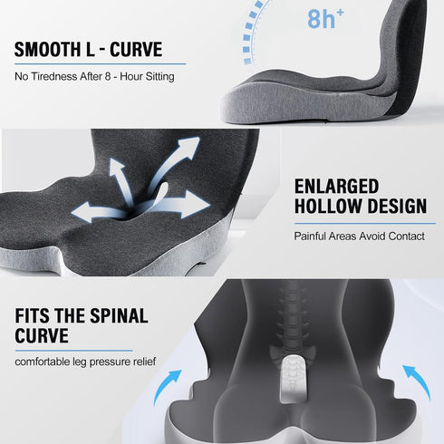 Pressure Relief Seat Cushion, for Long Sitting Hours on Office & Home Chair, Memory Foam L-Shaped Integrated Seat