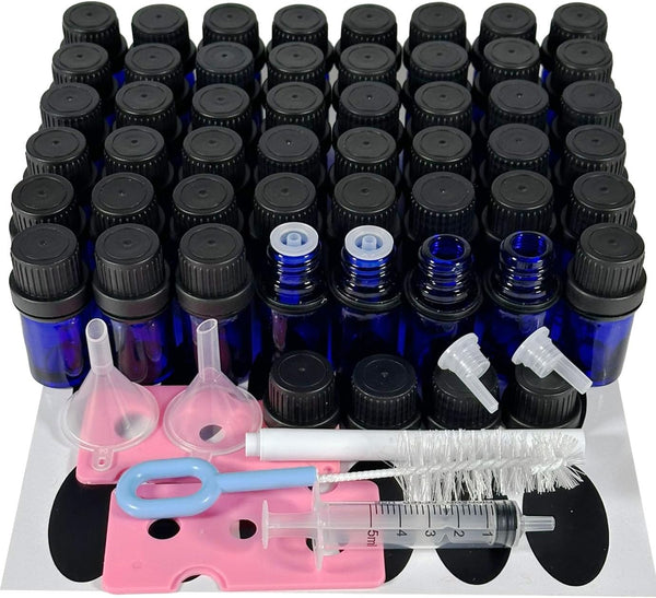 48Pack 1/6oz (5ml) Essential Oil Dropper Glass Bottles, Refillable Sample Vials with Orifice Reducer and Cap
