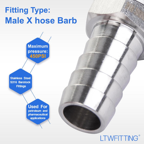 LTWFITTING Bar Production Stainless Steel 316 Barb Fitting Coupler/Connector 1/2" Hose ID x 3/8" Male NPT (Pack of 5)