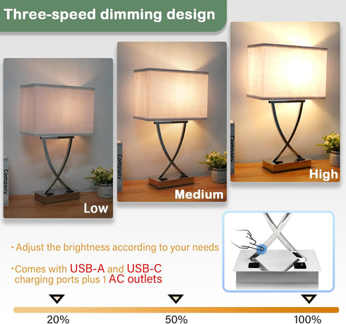 21.38" 3-Way Dimmable Bulb OYedis Table Lamp for Bedroom Living Room Touch Control Medium Chrome Bedside lamp with USB