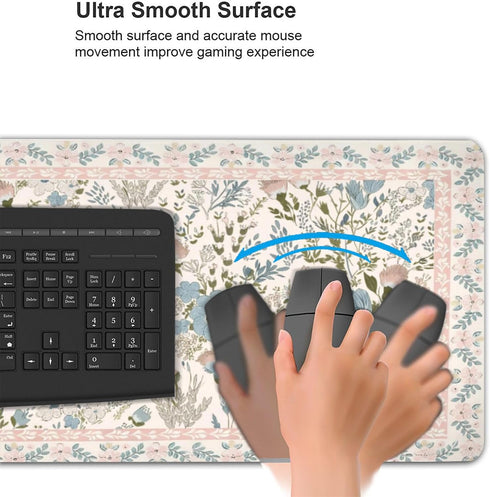 OUNNTC Aesthetic Pink Floral Desk Pad, XXL Large Mouse Pad for Desk with Anti-Slip & Stitched Edges, Keyboard Mat
