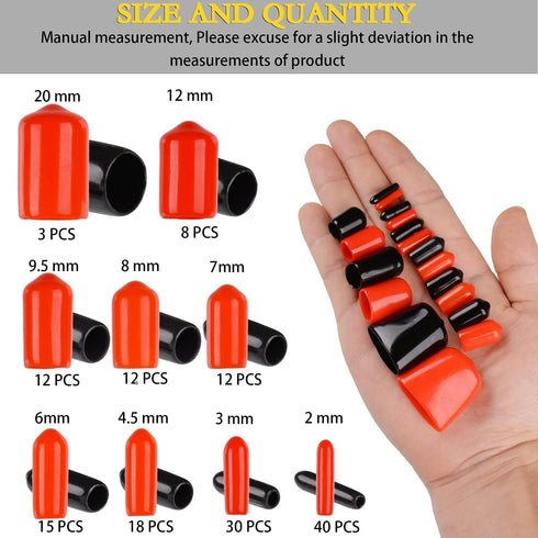 300 Pieces Rubber End Caps - Vinyl End Caps Black and Red Screw Bolt Protectors in 9 Sizes from 0.08 to 0.8 Inch
