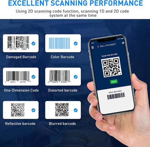 JRHC Mini 2D Bluetooth Barcode Scanner, Portable Wireless 3-in-1 Reader for iOS, Android, Windows, Mac Tablets & PC