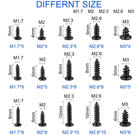 750 Pcs Small/Micro/Tiny/Mini Self-Tapping Screws - M1.7-M3 Phillips Pan Head, Cross Recessed, Carbon Steel (Black)
