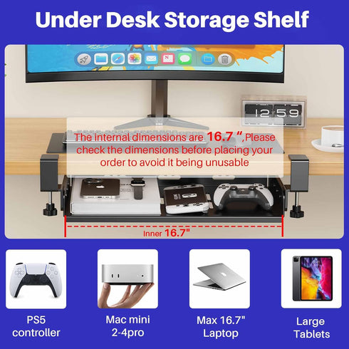No Drill Under Desk Laptop Mount, Metal Under Desk Storage Shelf with Cable Management, Laptop Storage Tray