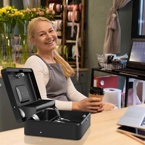 Cash Box with Key Lock on Top, 11.8L x 9.5W x 3.5H Inches, Durable Black Metal Money Box with Tray & 4 Bill Slots