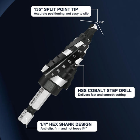 M35 Four Spiral Flute Cobalt Step Drill Bit, 1/4"-3/4" Wear-Resistant TiAlN Coated for Metal, Wood, Plastic