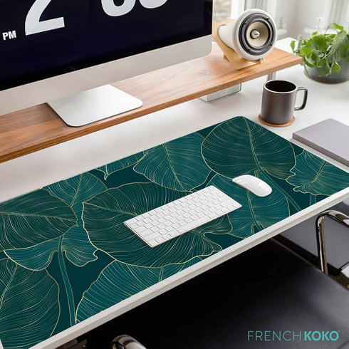 French KOKO Large Mouse Pad - Desk Mat, Keyboard Pad, Extended Protector for Home Office, XL Green Leaves