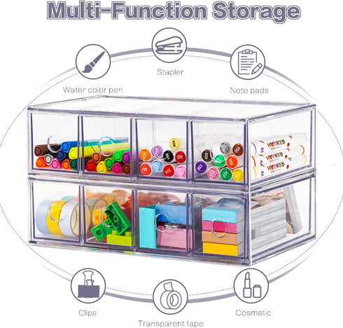 Desk Organizer with 8 Drawers, FODIENS 2 Packs Stackable Desktop Storage Box for Stationery Marker Pens