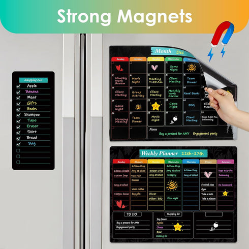 MaxGear Black Magnetic Calendar for Refrigerator, 16x12 Monthly & Weekly Dry Erase Calendar Whiteboard Fridge Dry Erase Board Planner Schedule Board with 7 Markers,1 Eraser, and Shopping List by MaxGear