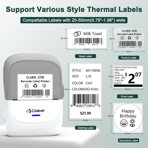 CLABEL Thermal Label Maker Machine, 221B Mini Portable Printer, Bluetooth Label Printer for Price Logo Clothing
