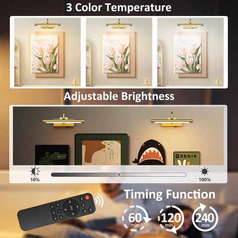 11.8" Rechargeable,10000mAh Paintings,3CCT Dimmable, Aipsun Brass Picture Lights for Wall Battery Operated Art Light