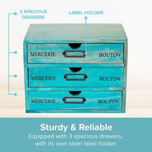 Turquoise 3-Tier Drawer Unit, European Country Style Desk Organizer Box, Wooden Teal Stackable Drawers