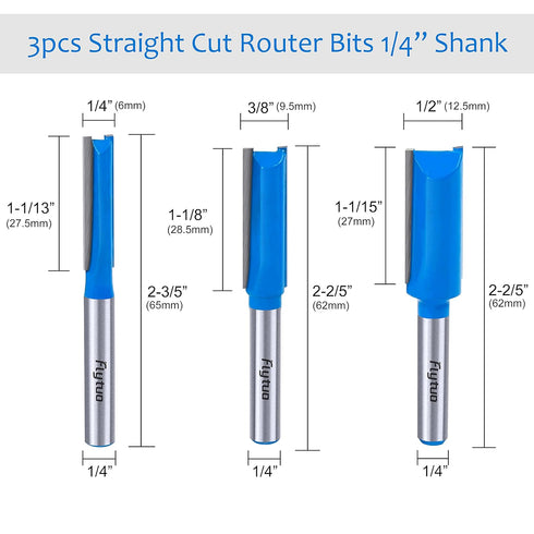 1/4 3PCS Set 1/4", 3/8", 1/2" Straight Dado Cut Router Bit Shank, Double Flute Plywood Straight Cut Router Bit
