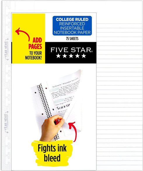 Five Star Insertable Loose Leaf Paper - College Ruled Filler Paper, 8-1/2" x 11", 75 Sheets