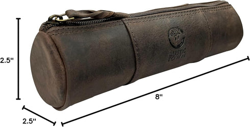 Full Grain Leather Zippered Pencil Case - Rustic Town Pen Holder for Office Use