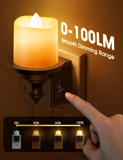 2 Pack, 0-100LM Dimmable, Briignite Flameless Candle Night Lights, Amber Plug-in LED Candle with Light Sensor, Kids