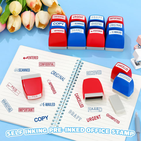 Crtiin 16 Pcs Self Inking Rubber Stamp Set for Office Message Supplies (Red, Blue) - Completed Faxed Scanned