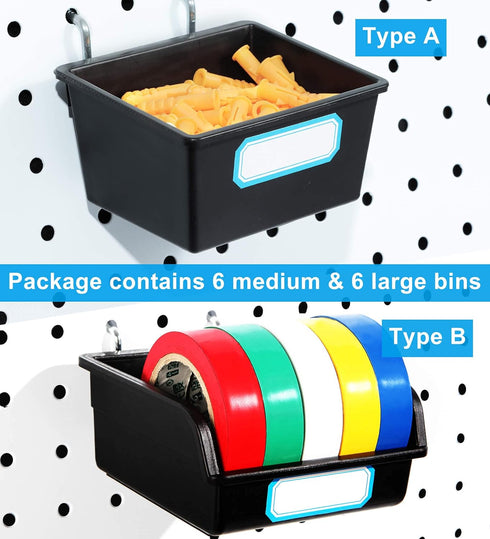 Pegboard Bins with Hooks and Labels FRIMOONY, 6 Pack Type A and 6 Pack Type B, Black