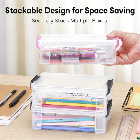 Extra Large Clear Pencil Box for Crayons, Markers, Art Supplies, Plastic Hard Pencil Case with Secure Lid, Stackable