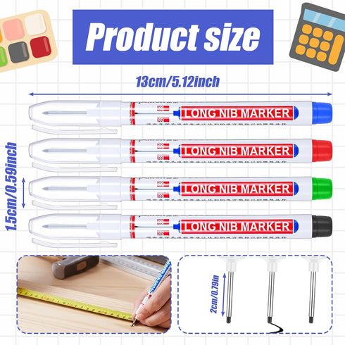 Tucnoeu 12pcs Long Head Deep Hole Marker, Long Nib Marker Multi-purpose Deep Hole Markers Pens for Construction