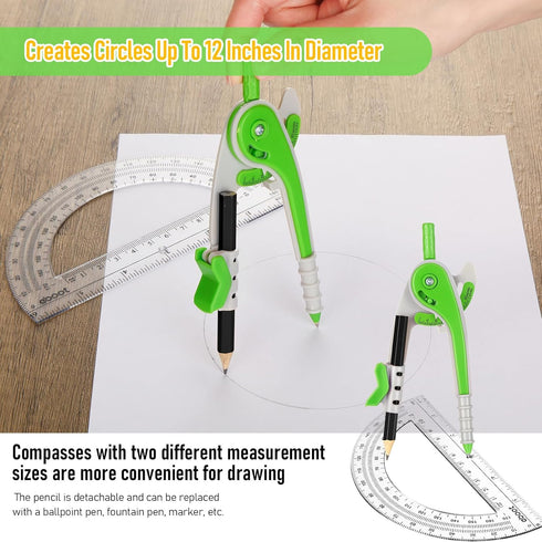 EBOOT Student Geometry Math Set, Drawing Compass and 6 Inch Clear Swing Arm Protractors for 180 Degree