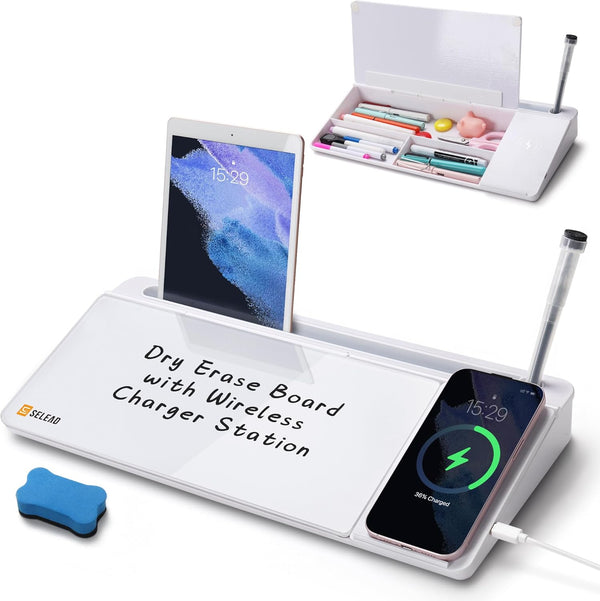 SELEAD Desktop Glass Whiteboard with Wireless Charger Station - Dry Erase Board Computer Pad with Organizer Drawer