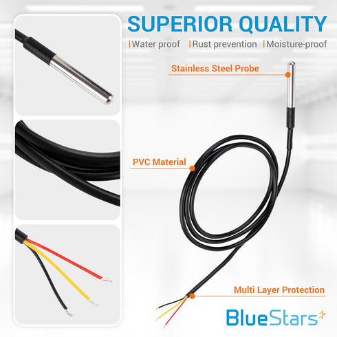 BlueStars Waterproof Digital DS18B20 Temperature Sensor Pack of 5, 1m/39.37 inch, -55°C to 125°C for Arduino