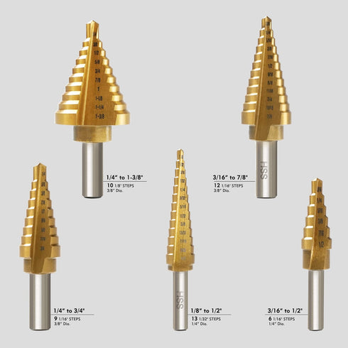 6 Pcs Step Drill Bit Set, High Speed Steel Unibit Drill Bits, Automatic Center Punch for Sheet Metal, 50 Sizes