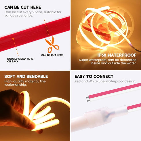 12V 320Leds/M IP68 Included),0.5M,White KISUFU COB LED Strip Light Neon Light Strip Waterproof Flexible LED Lights