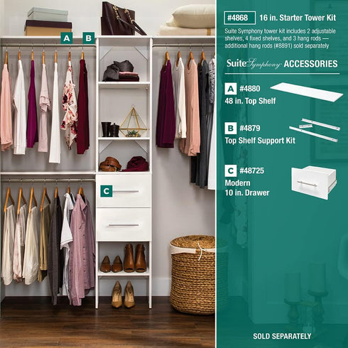 ClosetMaid Set, SuiteSymphony Top Shelf Support Bracket Kit, Add On Accessory, Shelf Hardware for Top Shelf, Pure White