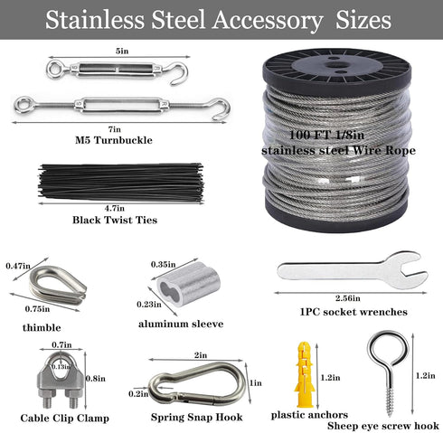 1/8 Kit,100ft M5 Wire Rope Vinyl Coated Stainless Steel Cable with Turnbuckles for Outdoor String Light Hanging Kit