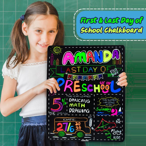 Personalized First Day and Last Day of School Sign, 13" x 16" Large Chalkboard Style Photo Prop - 2 Pcs