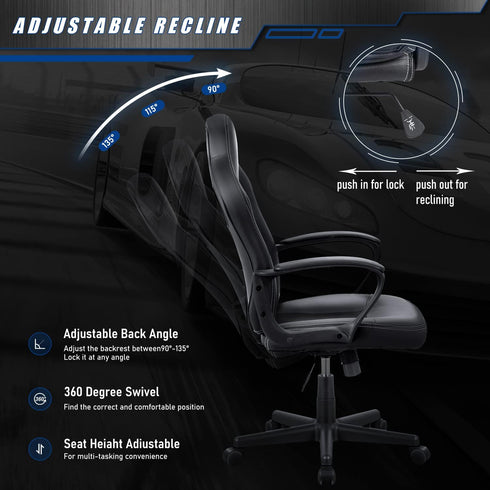 JUMMICO 300LBS, High Back Leather Gaming Chair, Swivel Task Chair with Arms (Black)