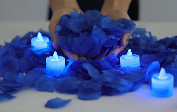 LANKER 500 PCS Blue Artificial Rose Petals with 24 Bright Flickering Blue Flameless LED Tea Lights for Valentine's