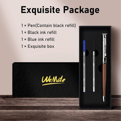 WEMATE Wood Rollerball Pen Set with 2 Extra Ink Refills (1 Black & 1 Blue), Luxury Office Gift for Men