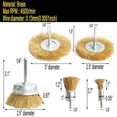 5pcs Brass Wire Wheel Brush Kit for Drill, Crimped Cup Brush with 1/4-Inch Shank