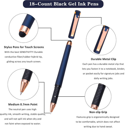 Linbsunne 18 Pack Black Gel Pens 0.7mm Medium Point Pen Office Pens 2-in-1 Stylus