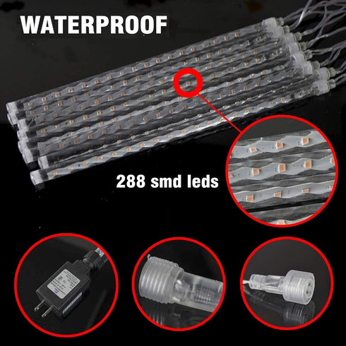 Christmas Lights Outdoor, 288 LED 12" 8 Tubes Meteor Shower Lights, Waterproof Snow Falling Rain Icicle Xmas Lights for