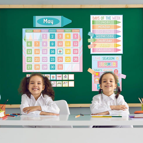 Set Pastel Crayon Calendar Bulletin Board Pastel Crayon Classroom Cutouts Decoration with Seasons Festival Weather Days