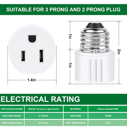 Outlet Light Socket Adapter, Screw in Outlet Socket, E26 Light Bulb to Outlet Socket Converter for Porch Light, Camera,