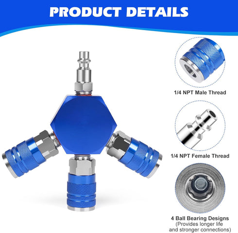 Connect Fittings Air Splitter, 1/4 Inch NPT 3-Way Manifold with 3 Brass Quick Couplers & Plug, Hex Style Hose