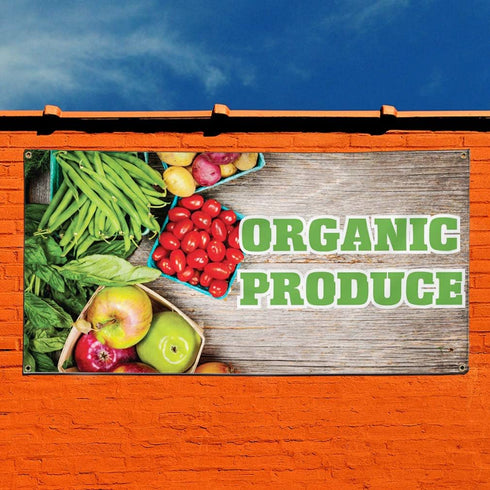 Sign Destination 12inx30in, 4 Grommets, Set 2 Vinyl Banner Sign Organic Produce Restaurant Cafe Bar Marketing