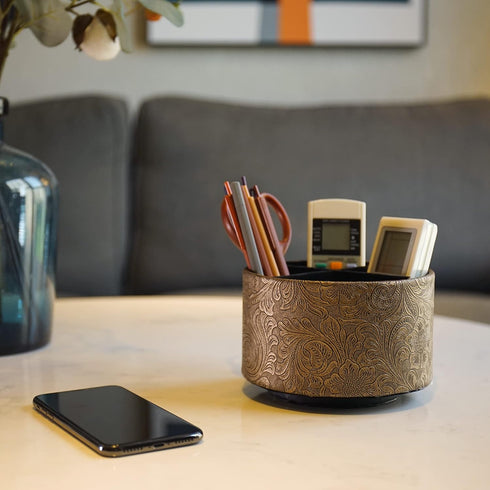 lizimandu Round Leather Art Supply Organizer, Remote Control Holder, 360 Degree Spinning, 4 Compartments